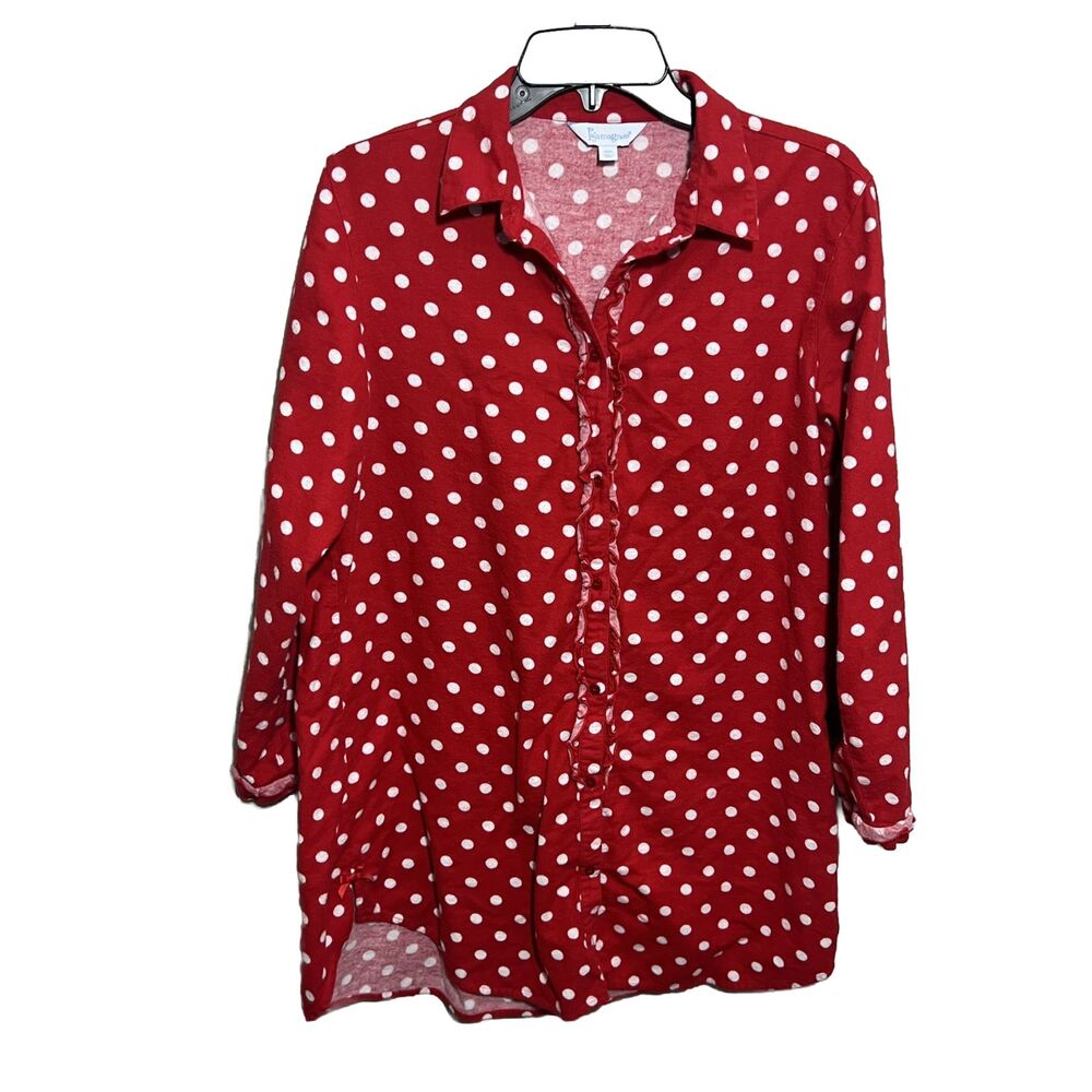 PajamaGram Nightgown Red Polka Dot Soft Cotton Flannel Button Front Sz M Medium
